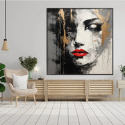 Volto di donna, bianco nero, oro e rosso