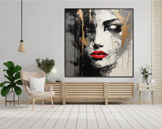 Volto di donna, bianco nero, oro e rosso